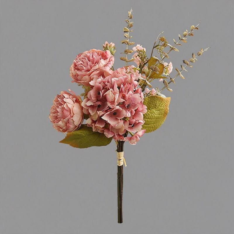 Artificial Peony & Hydrangea Bouquet, 3 Flower Heads, Faux Silk Fabric, Bendable Stems for Home, Office & Events