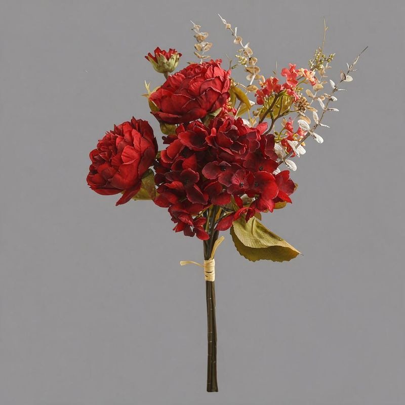 Artificial Peony & Hydrangea Bouquet, 3 Flower Heads, Faux Silk Fabric, Bendable Stems for Home, Office & Events