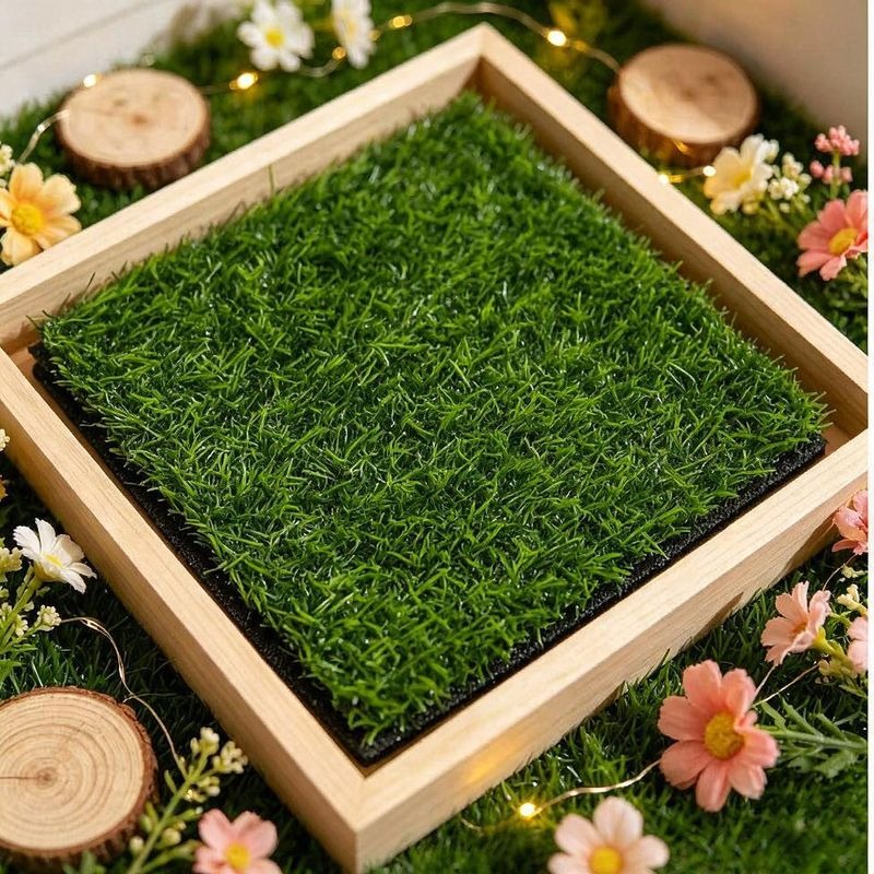 Artificial Grass Mat Square Turf Tile, Faux Gardenia Tree Accent, Nordic Style, for DIY Displays, Weddings and Window Décor