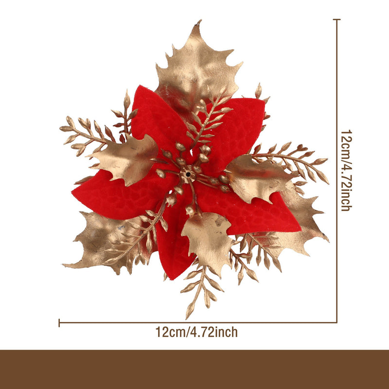 Gold Glitter Artificial Flower Head, 4.5" Diameter, DIY Christmas Tree Ornament & Holiday Decor, Faux Silk Poinsettia