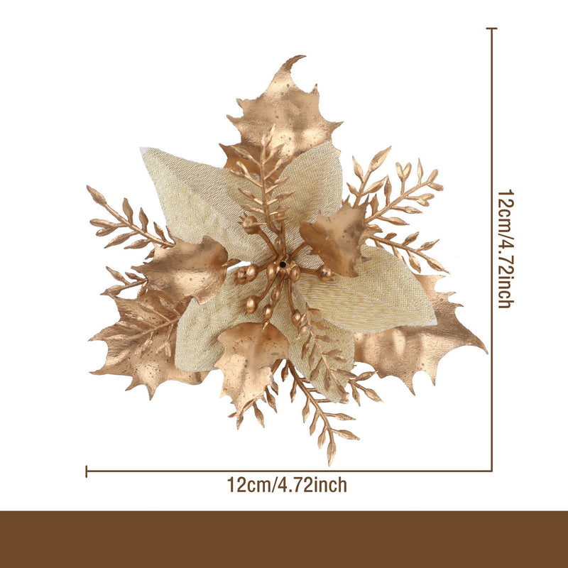 Gold Glitter Artificial Flower Head, 4.5" Diameter, DIY Christmas Tree Ornament & Holiday Decor, Faux Silk Poinsettia