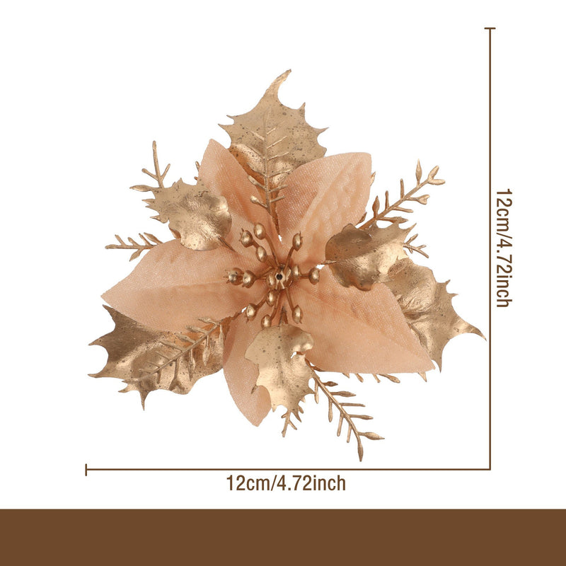 Gold Glitter Artificial Flower Head, 4.5" Diameter, DIY Christmas Tree Ornament & Holiday Decor, Faux Silk Poinsettia