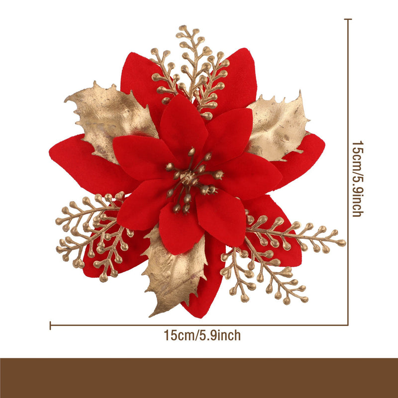 Gold Glitter Artificial Flower Head, 4.5" Diameter, DIY Christmas Tree Ornament & Holiday Decor, Faux Silk Poinsettia