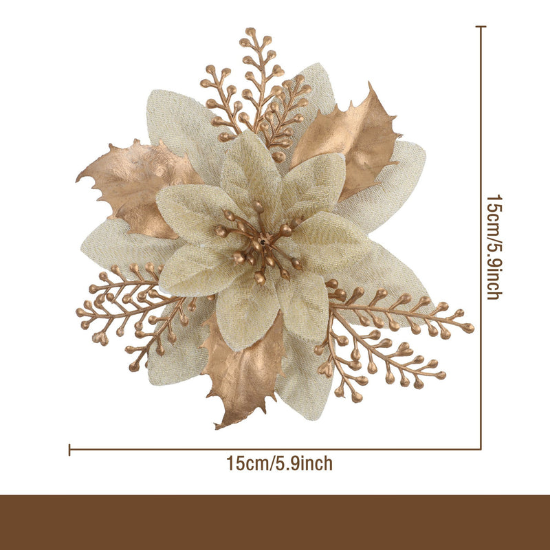 Gold Glitter Artificial Flower Head, 4.5" Diameter, DIY Christmas Tree Ornament & Holiday Decor, Faux Silk Poinsettia