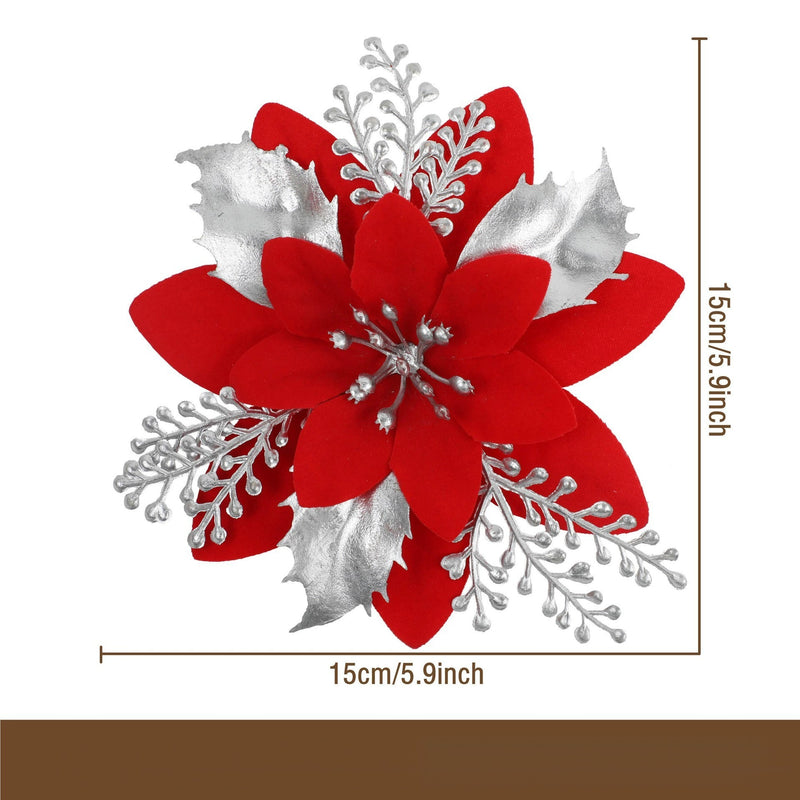 Gold Glitter Artificial Flower Head, 4.5" Diameter, DIY Christmas Tree Ornament & Holiday Decor, Faux Silk Poinsettia