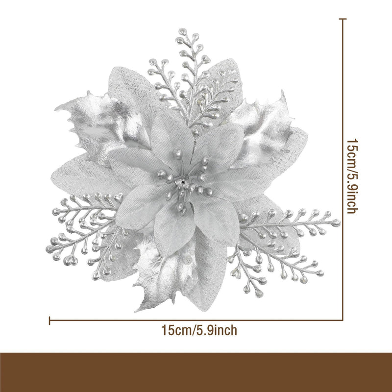 Gold Glitter Artificial Flower Head, 4.5" Diameter, DIY Christmas Tree Ornament & Holiday Decor, Faux Silk Poinsettia