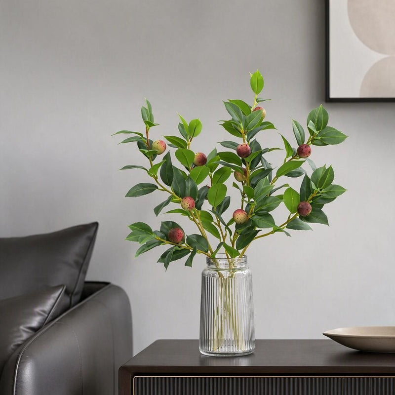 Artificial Camellia Fruit Bush, Red Berry Stem with Green Leaves, Plastic, Indoor Outdoor, Wedding, Home Decor, Window Display
