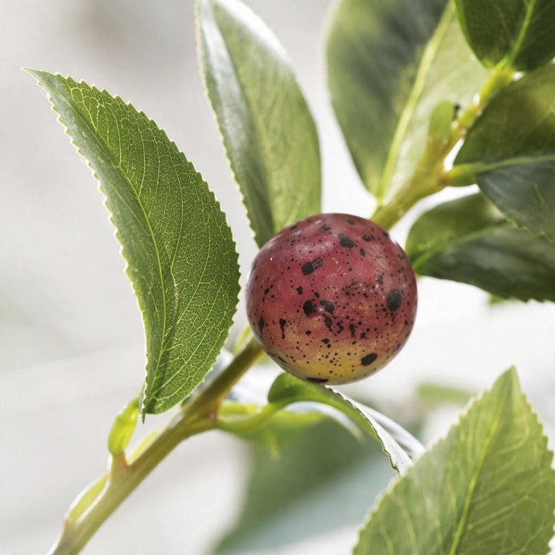 Artificial Camellia Fruit Bush, Red Berry Stem with Green Leaves, Plastic, Indoor Outdoor, Wedding, Home Decor, Window Display