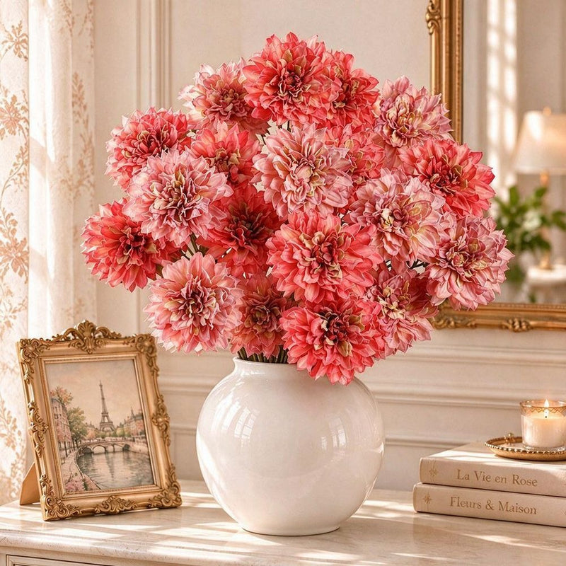 Artificial Dahlia Single Stem, 1 Bloom Faux Silk Flower with Scorched Edge Petals, for Wedding, Home & Window Display