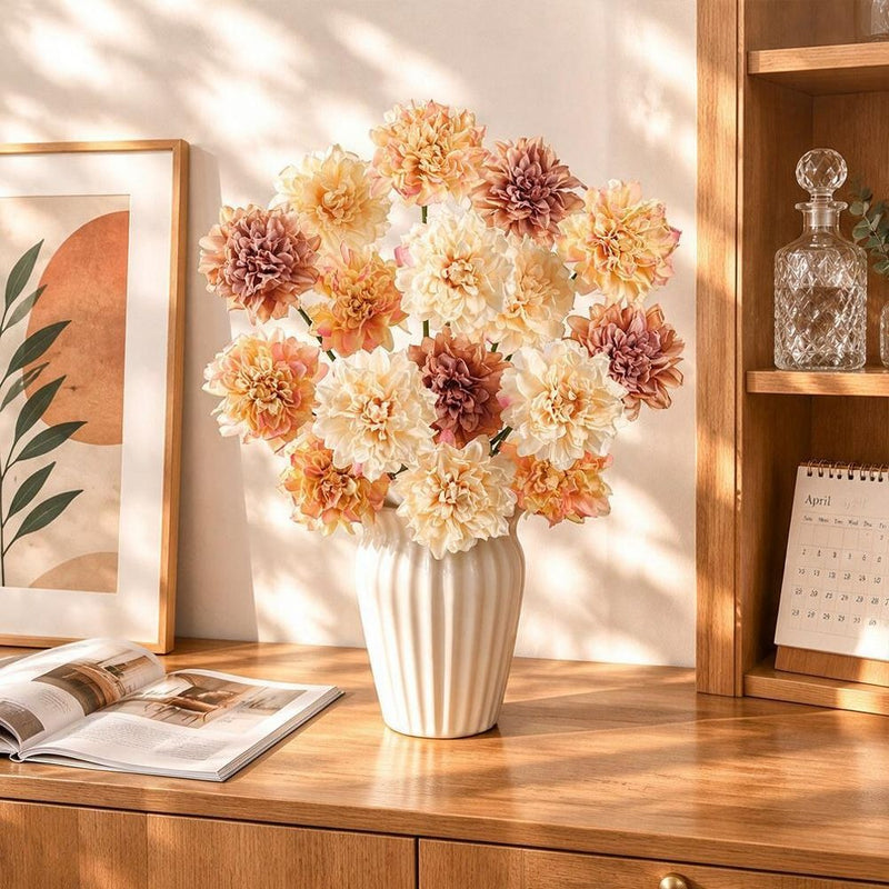 Artificial Dahlia Single Stem, 1 Bloom Faux Silk Flower with Scorched Edge Petals, for Wedding, Home & Window Display