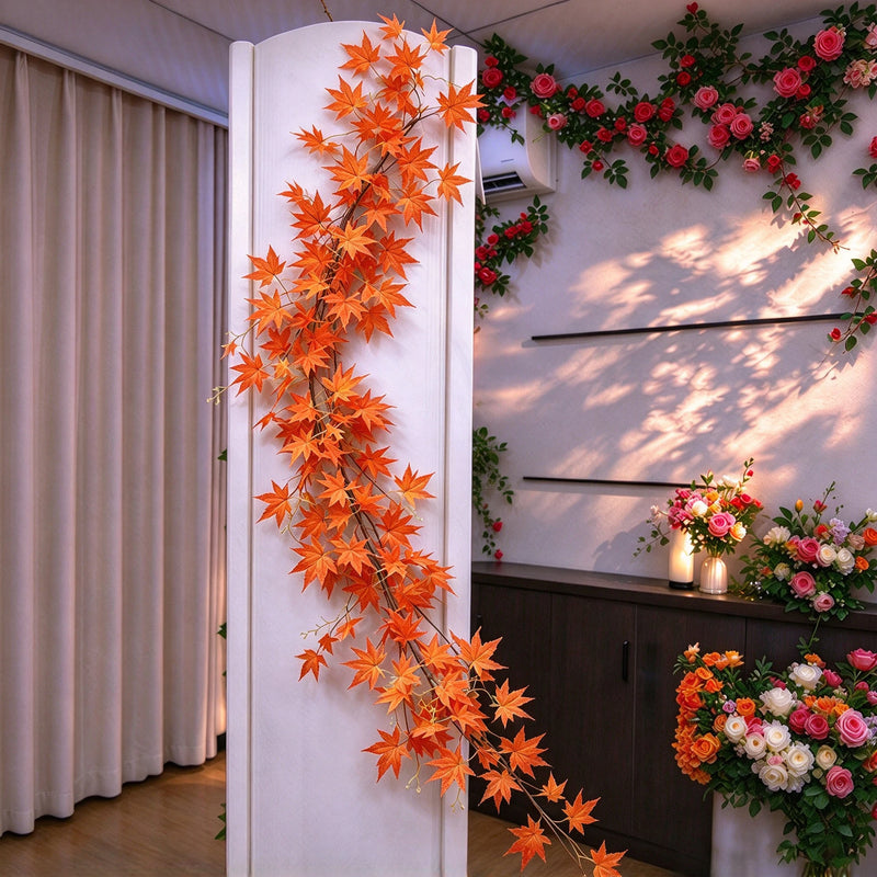 Artificial Maple Leaf Vine, Trailing Faux Maple Garland, Red & Green Maple Foliage, Plastic, Indoor Home, Hotel & Wedding Decor