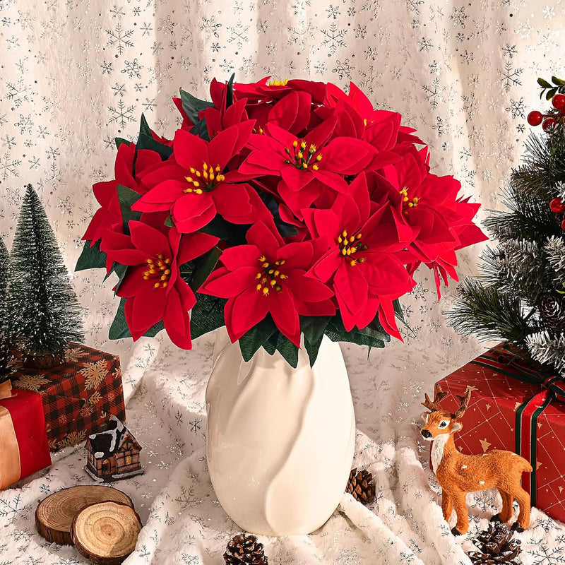 6 Pcs Poinsettia Flowers Artificial 7 Heads Poinsettia Bush Christmas Decoration