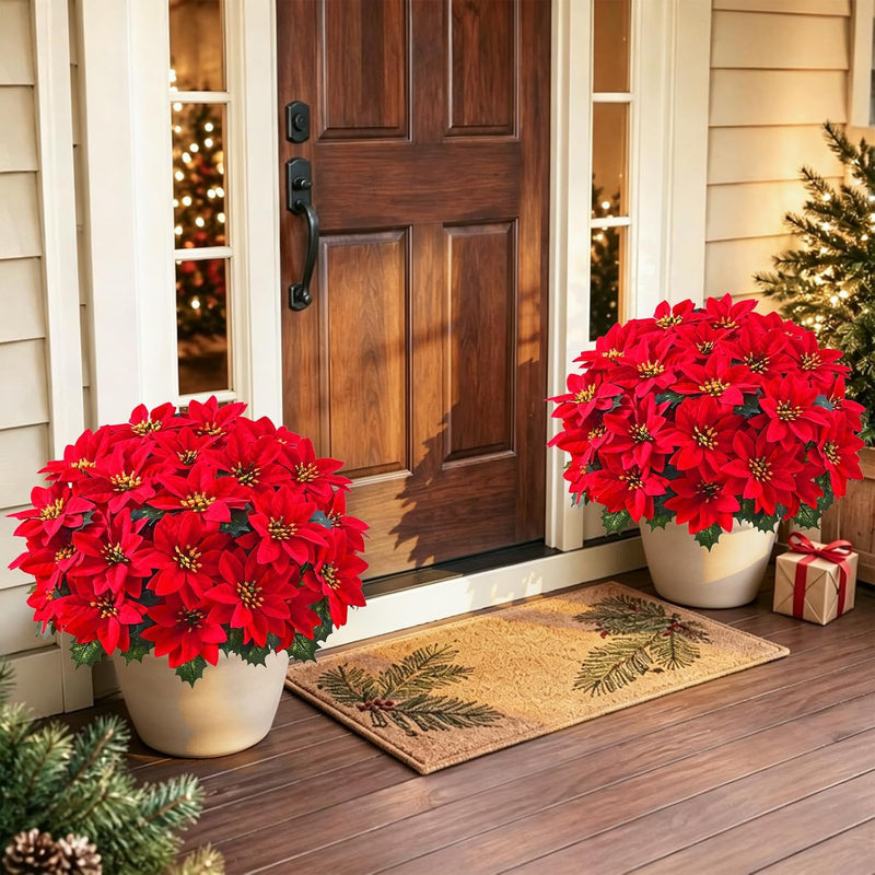 2 Potted Artificial Poinsettia Plants, UV Resistant Faux Red Poinsettias, Outdoor Fake Poinsettia for Garden, Porch, Patio & Home Christmas Decor