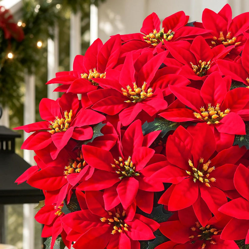 2 Potted Artificial Poinsettia Plants, UV Resistant Faux Red Poinsettias, Outdoor Fake Poinsettia for Garden, Porch, Patio & Home Christmas Decor
