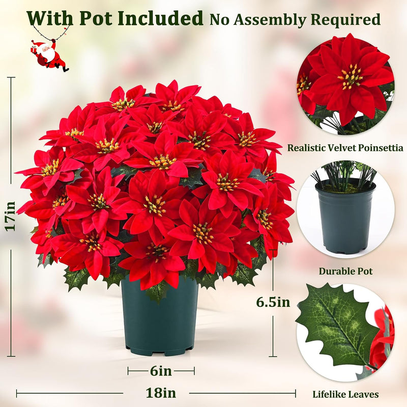 2 Potted Artificial Poinsettia Plants, UV Resistant Faux Red Poinsettias, Outdoor Fake Poinsettia for Garden, Porch, Patio & Home Christmas Decor