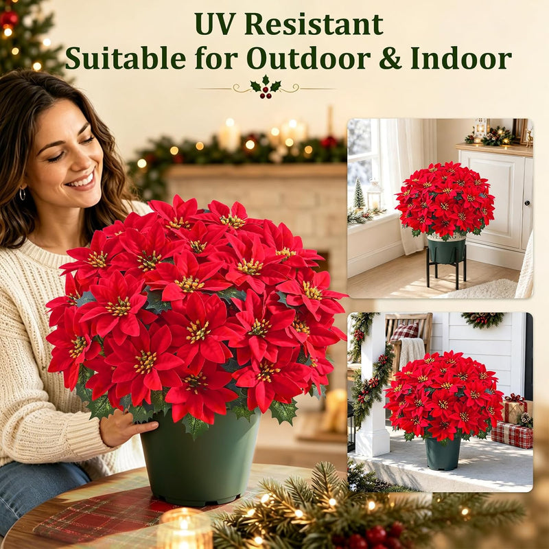 2 Potted Artificial Poinsettia Plants, UV Resistant Faux Red Poinsettias, Outdoor Fake Poinsettia for Garden, Porch, Patio & Home Christmas Decor