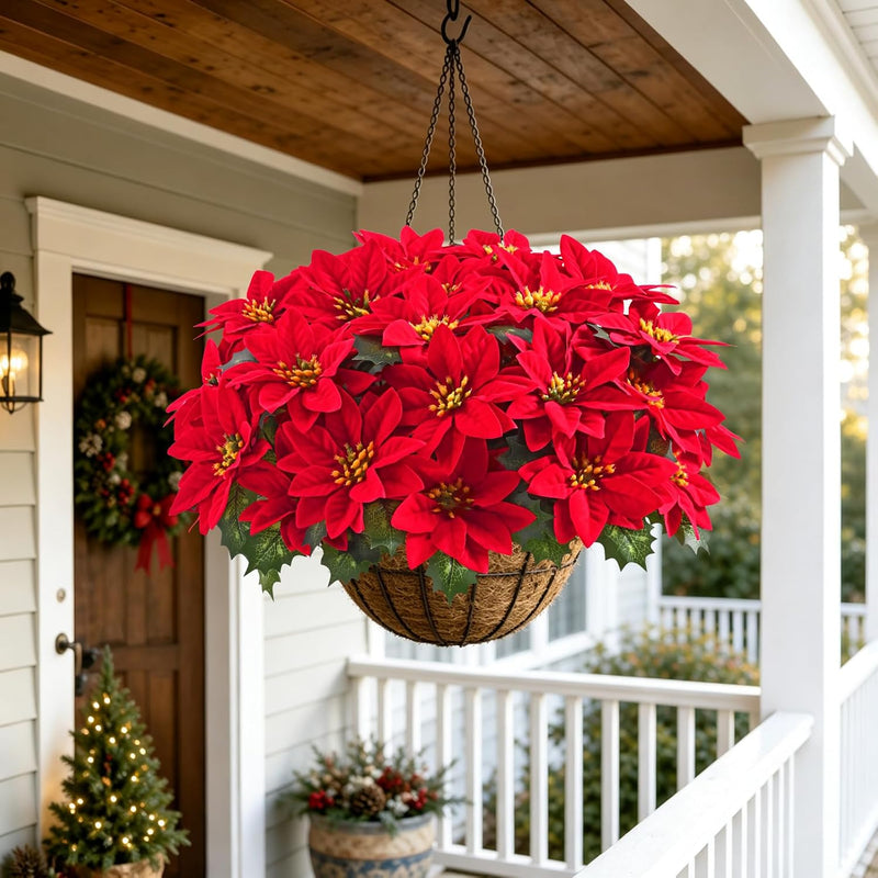 2 Potted Artificial Poinsettia Plants, UV Resistant Faux Red Poinsettias, Outdoor Fake Poinsettia for Garden, Porch, Patio & Home Christmas Decor