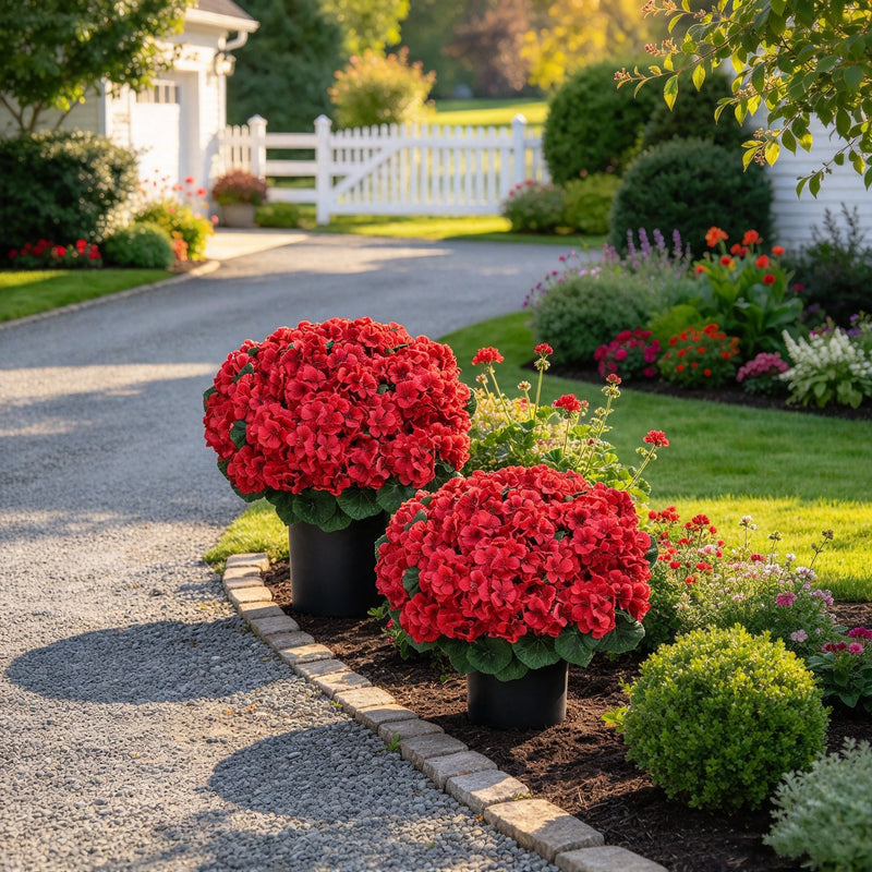 2 Artificial Geranium Bushes in Pots, Faux Silk Flowers with 35 Blooms, UV Resistant, Indoor Outdoor Decor