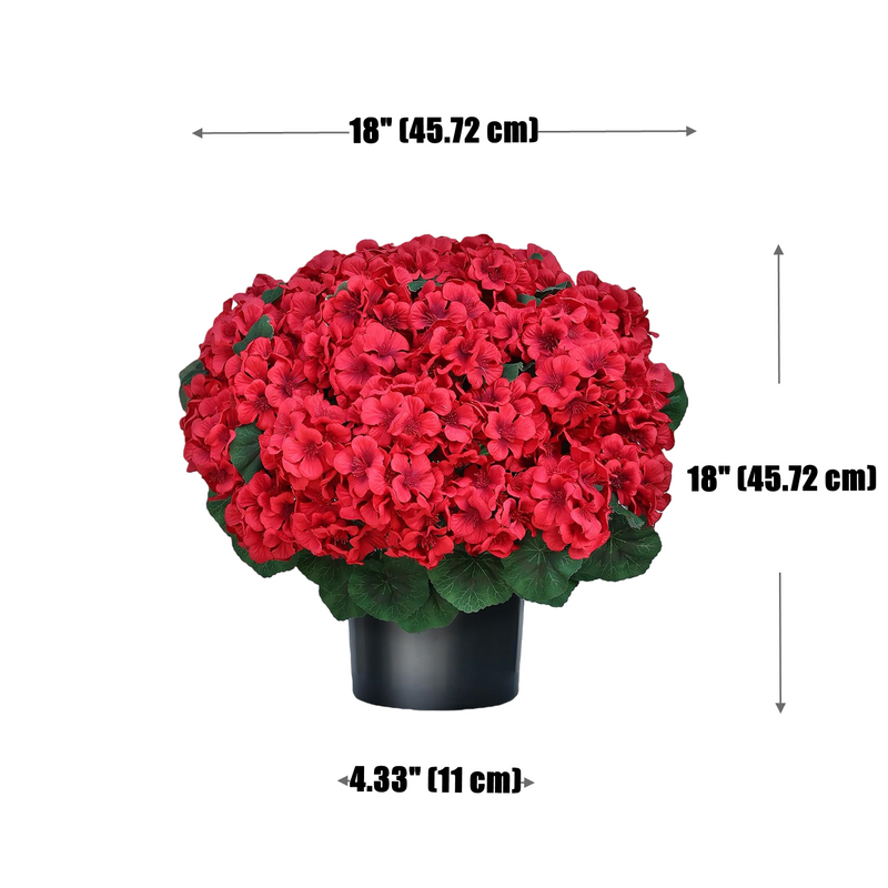 2 Artificial Geranium Bushes in Pots, Faux Silk Flowers with 35 Blooms, UV Resistant, Indoor Outdoor Decor