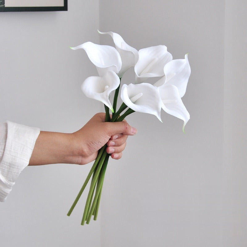 Calla Lily Bouquet, 7-Bloom Artificial Flowers, 13" Tall, PU Material, Wedding, Home Decor