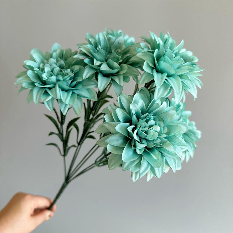 10 Pcs 17.7 Inch Silk Artificial Dahlia Bouquet Bushes, 7 Stems Turquoise Flowers