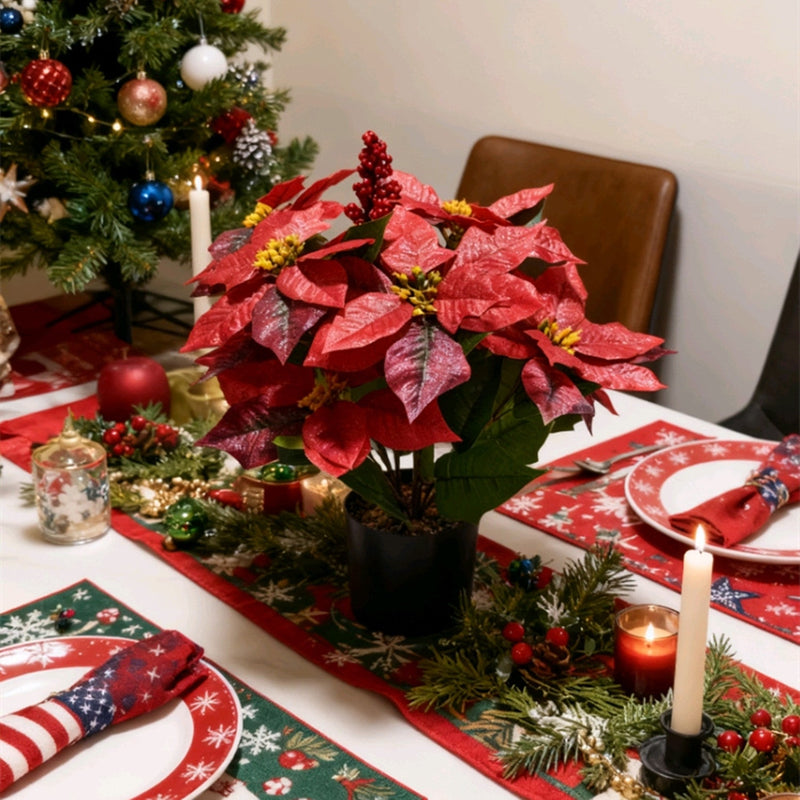 18 Inch Artificial Poinsettia Plant with Red Berries, Potted Christmas Decor, Bulk Quantity