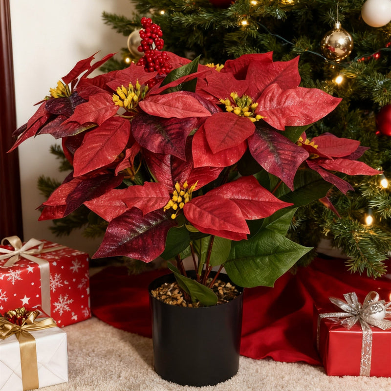 18 Inch Artificial Poinsettia Plant with Red Berries, Potted Christmas Decor, Bulk Quantity