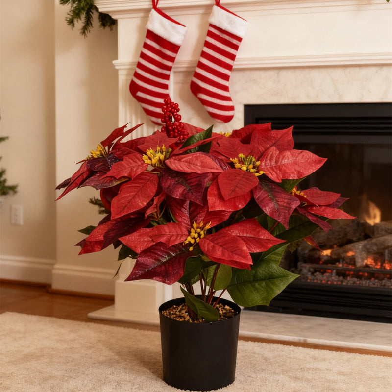 18 Inch Artificial Poinsettia Plant with Red Berries, Potted Christmas Decor, Bulk Quantity