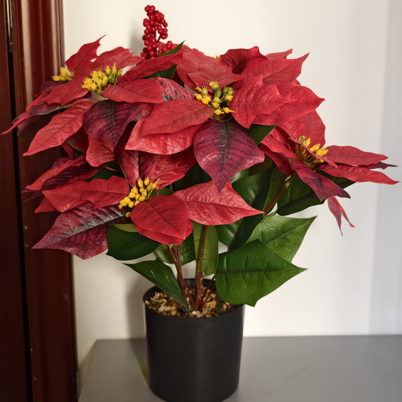 18 Inch Artificial Poinsettia Plant with Red Berries, Potted Christmas Decor, Bulk Quantity