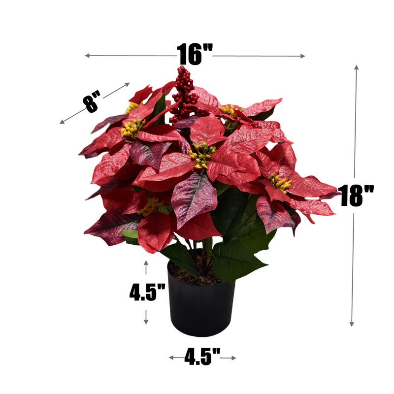 18 Inch Artificial Poinsettia Plant with Red Berries, Potted Christmas Decor, Bulk Quantity