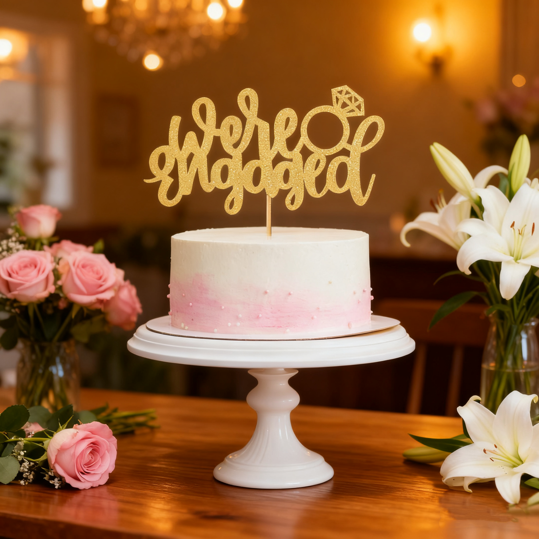 Gold Glitter "We're Engaged" Diamond Ring Cake Topper Romantic Engagement/Wedding Party Decoration