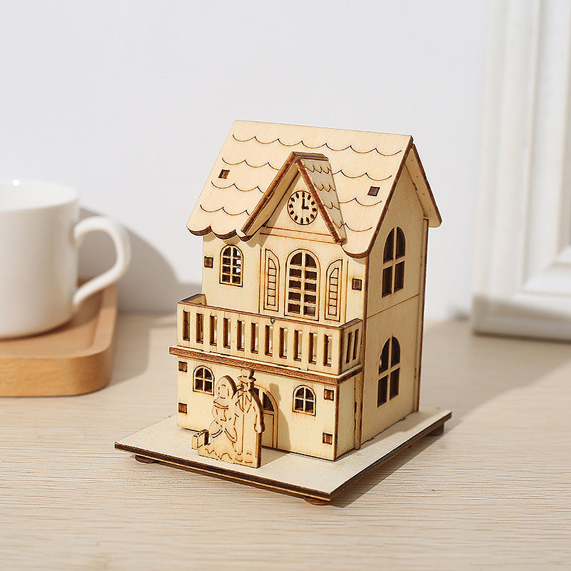 3 Pcs Glow Cabin Set with Church and Elk for Xmas Tree Table Decor Artificial Holiday Ornaments