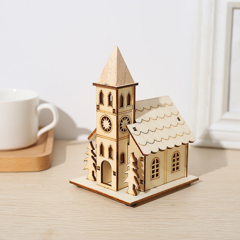3 Pcs Glow Cabin Set with Church and Elk for Xmas Tree Table Decor Artificial Holiday Ornaments