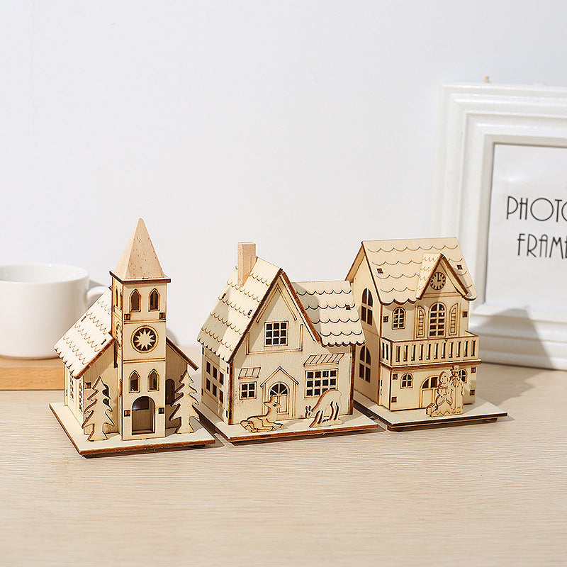 3 Pcs Glow Cabin Set with Church and Elk for Xmas Tree Table Decor Artificial Holiday Ornaments