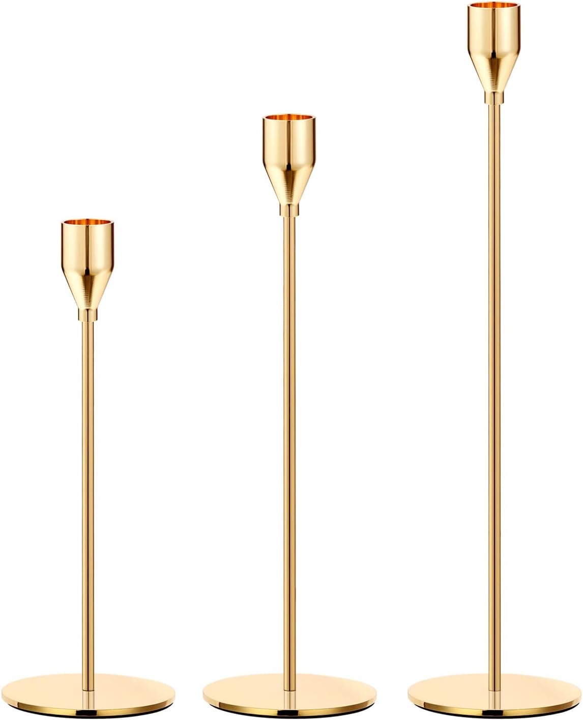 Bulk Set of 3 Gold Taper Candle Holders Metal Candle Stands for Wedding Dining and Parties Fits 3/4" Thick Candles and LED Candles Wholessale