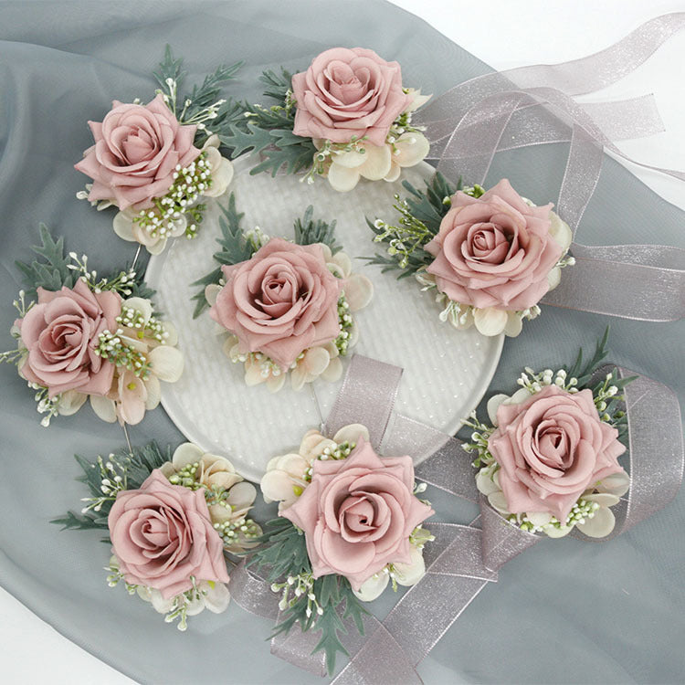 Bulk Dusty Pink Artificial Rose Wrist Corsage and Boutonniere Set for Wedding Prom Party Wholesale