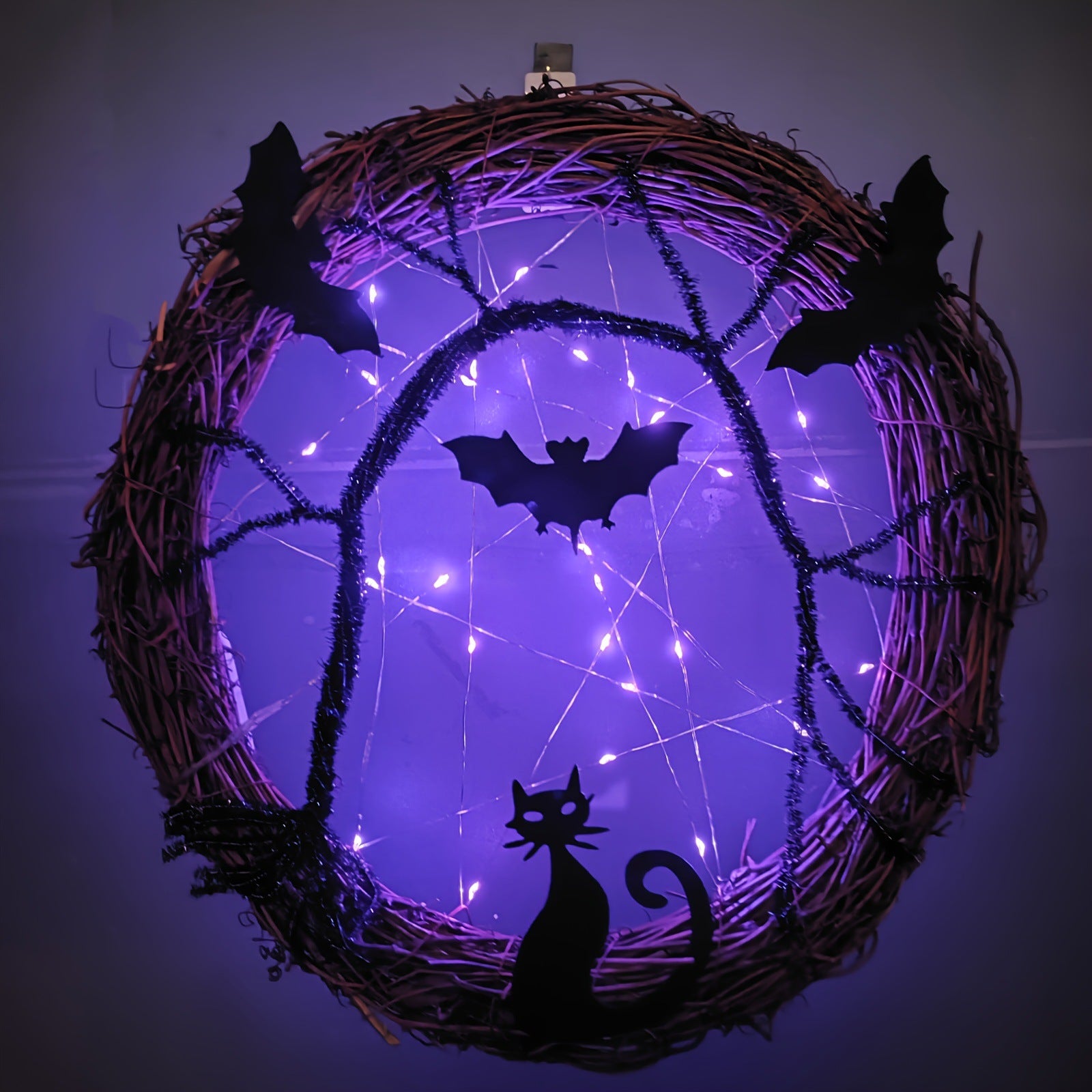 Bulk 2 Pcs LED Halloween Wreath - Spooky Black Bat and Cat Decorations for Home and Party Decor Wholesale