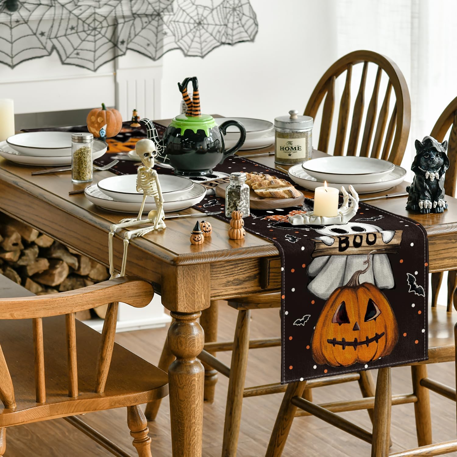 Bulk 2 Pcs Halloween Table Runners Ghost Pumpkin and Cat Design Festive Fall Kitchen Decor for Parties and Home Wholesale