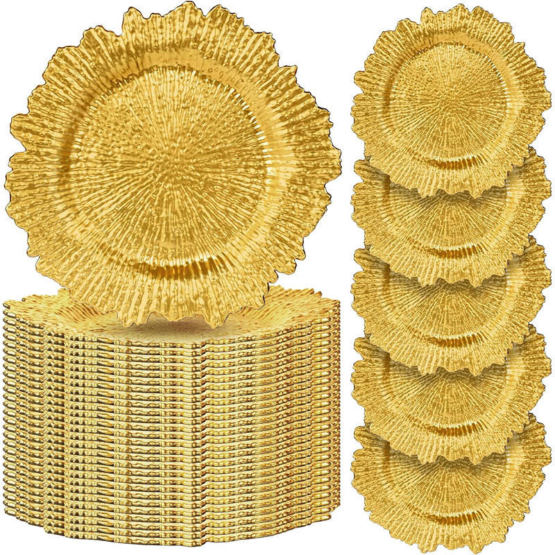Premium 100 Pcs 13" Gold Charger Plates Set Metallic Ruffled Rim Wedding Party Holiday Decor with Elegant All-Weather Table Settings