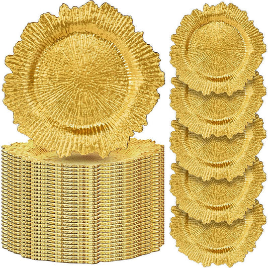 Premium 100 Pcs 13" Gold Charger Plates Set Metallic Ruffled Rim Wedding Party Holiday Decor with Elegant All-Weather Table Settings