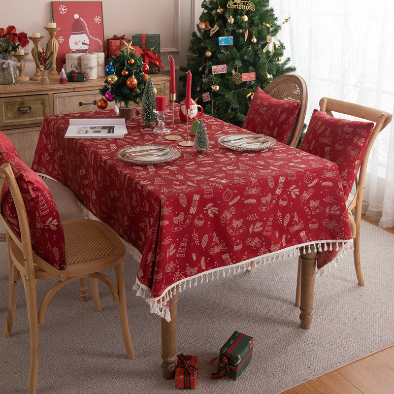 Bulk Red Printed Polyester Tablecloth with Tassels Washable, Dust-Resistant Rectangle Table Cover for Christmas and New Year Decorations Wholesale