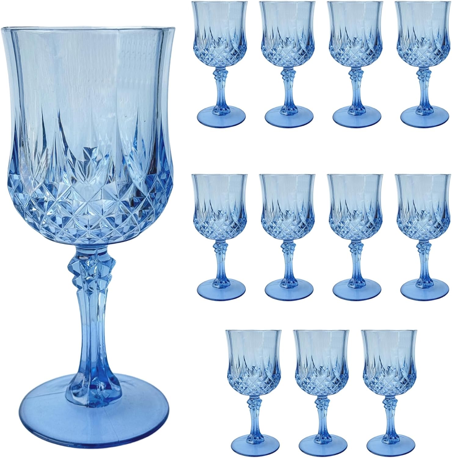 Bulk 12Pcs Reusable Blue Crystal Cut Plastic Wine Glasses Shatterproof 7 oz Cocktail Goblets for Parties and Events Wholesale