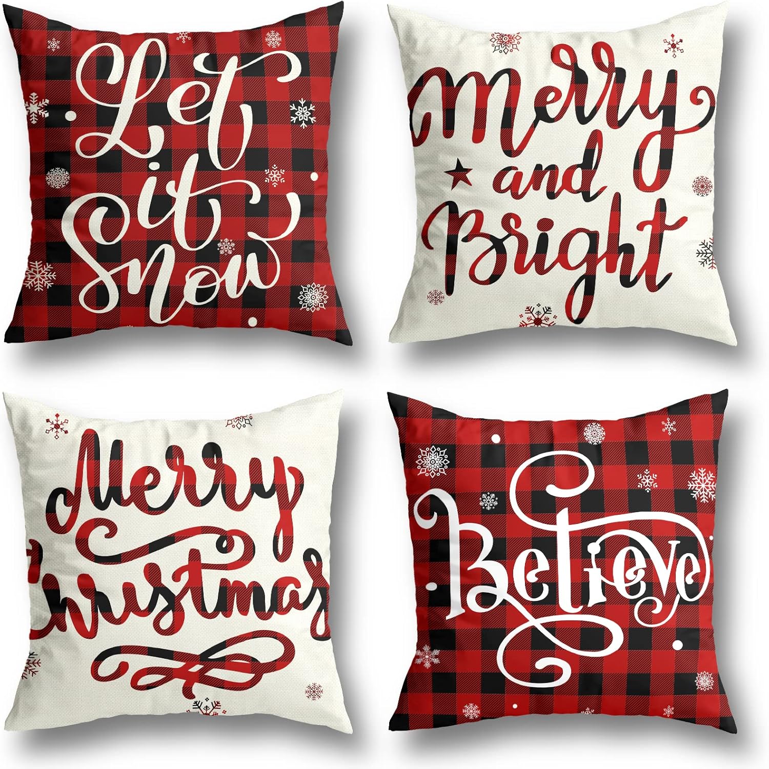 Bulk Black and Red Set of 4 Christmas Pillow Covers 18x18 Inches for Winter Holiday Home Sofa Couch and Indoor Decorations Wholesale