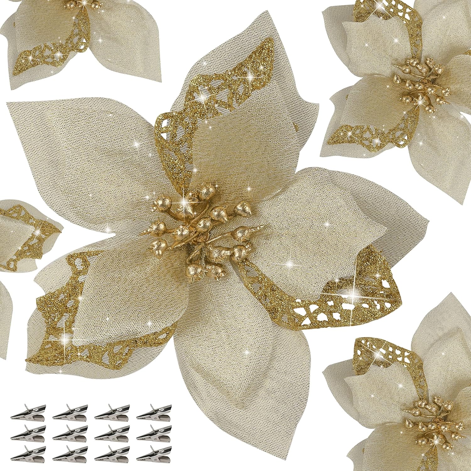 Bulk 12 Pcs Gold Glitter Artificial Poinsettia Flowers with Clips Christmas Tree Ornaments for DIY Wreaths Holiday Home and Party Decor Wholesale