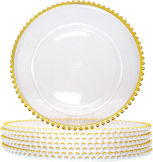 Bulk 100 Pcs Plastic Charger Plates 13" Gold Bead Rim Round Tableware for Wedding Party Event Decor Wholesale