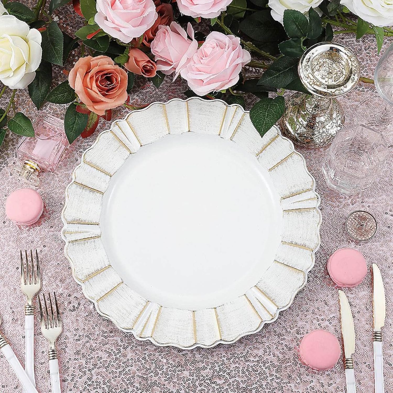 Bulk 6 Pcs 13" White Plastic Charger Plates with Scalloped Rim for Wedding Banquets Holiday Dinners Wholesale