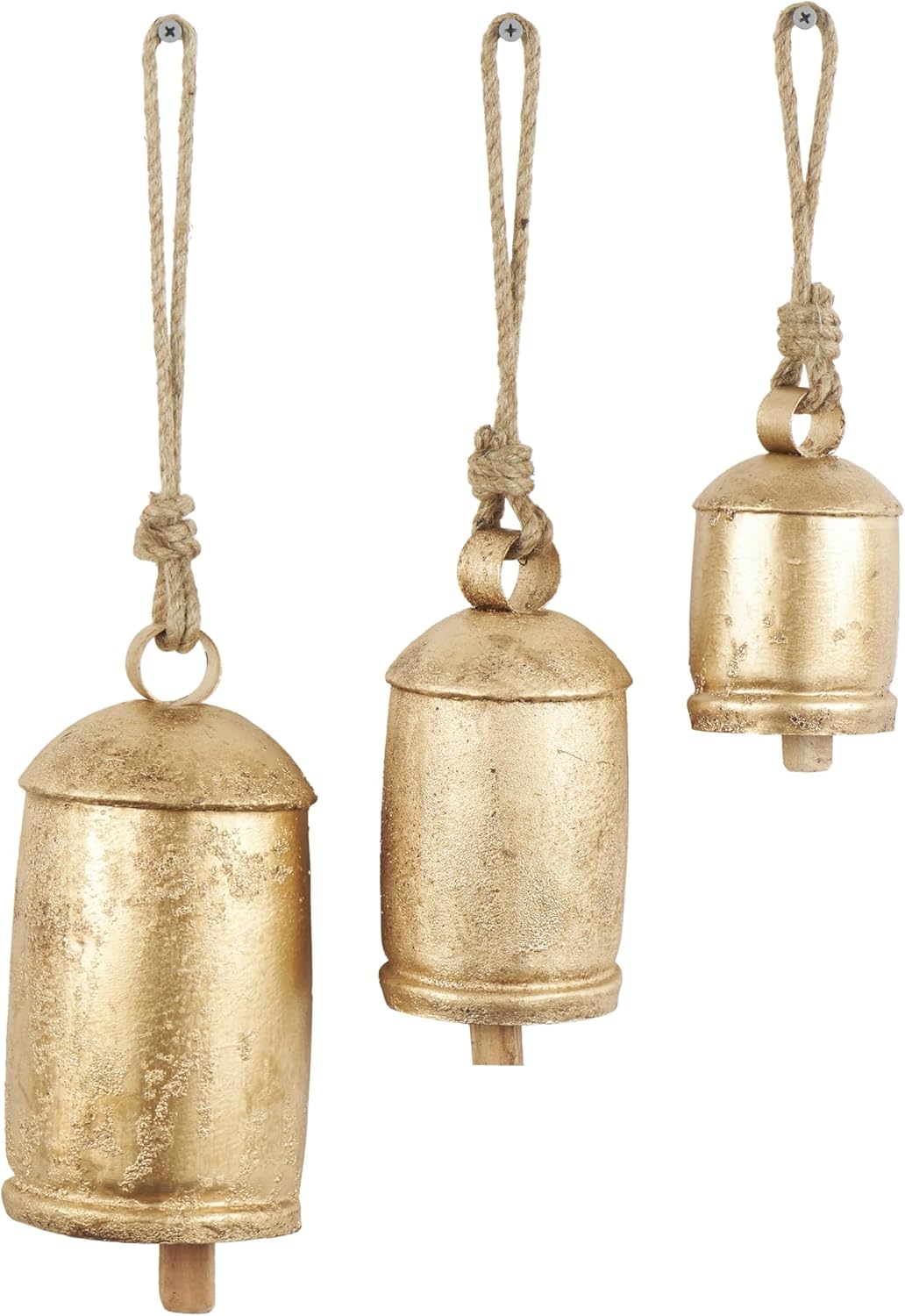 Bulk Gold Set of 3 Metal Decorative Cow Bells Tibetan Inspired with Jute Hanging Rope For Home Decor Wholesale