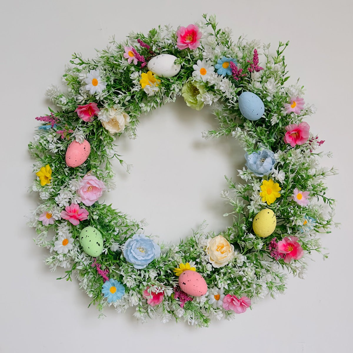 Bulk 13" Easter Egg Wreath with Pastel Eggs and Flowers for Front Door Wall Window Springtime Seasonal Decor Wholesale