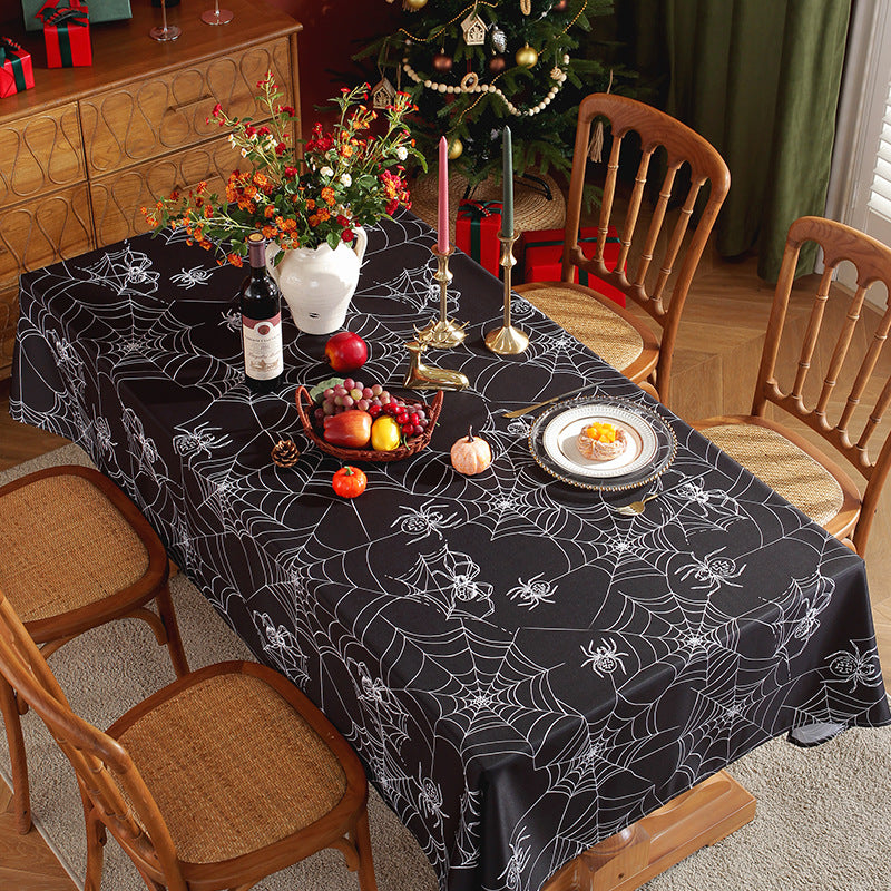 Bulk Spooky Halloween Black Spider Web Rectangular Tablecloth Spill-Proof Polyester Cover for Dining Banquets Parties and Camping Wholesale