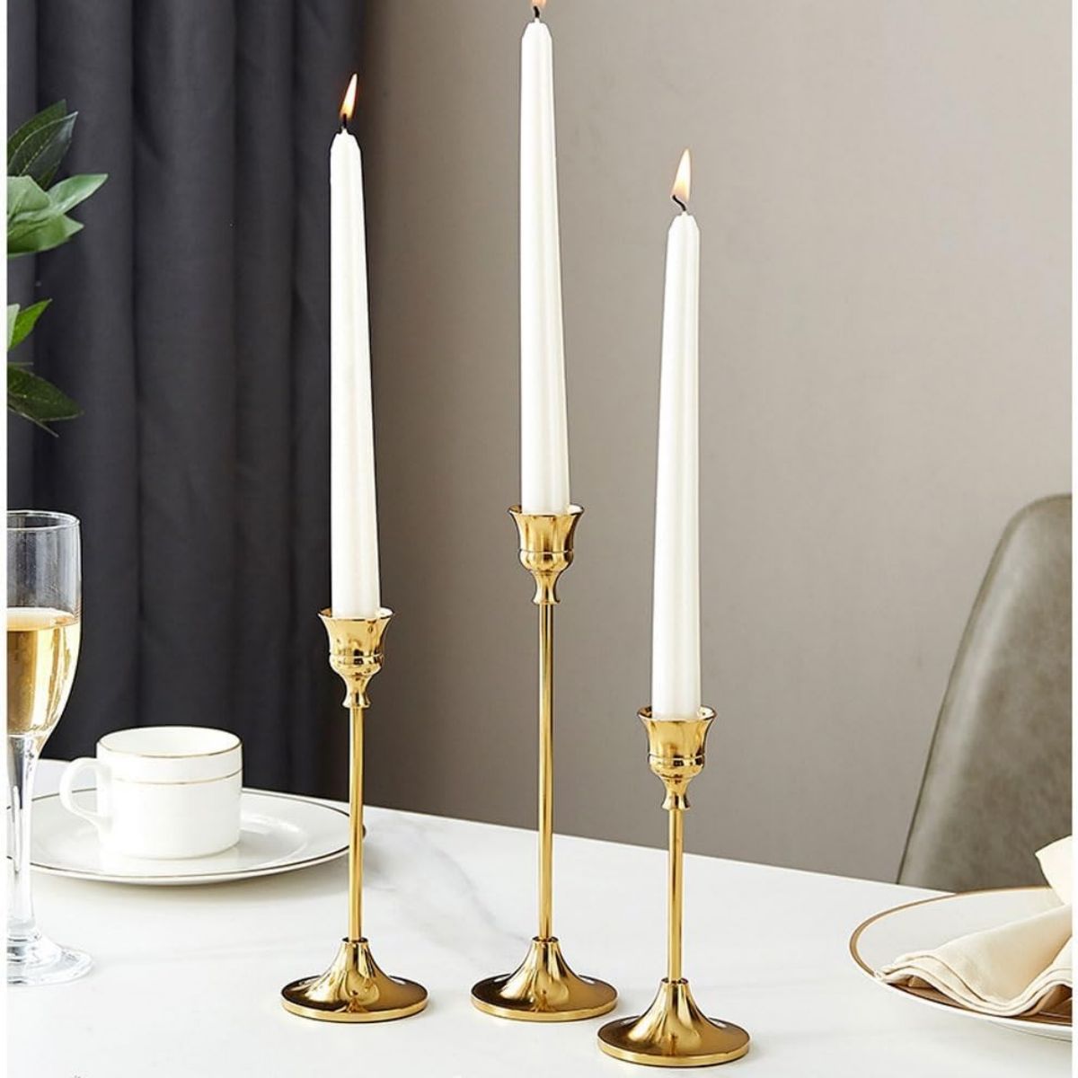 Bulk Set of 3 Brass Gold Candlestick Holders Taper Candle Holders for Table Mantel Wedding & Housewarming Gift Wholesale